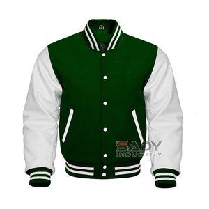 Varsity Jacket in Green Wool and White Leather Sleeves, Bomber Vintage Jacket